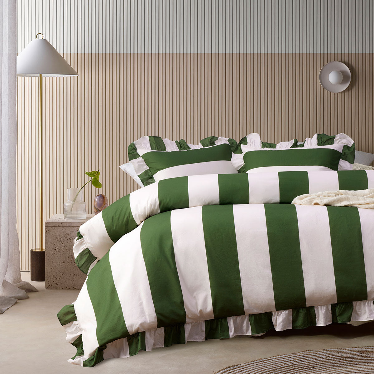 Duvet Covers: Vintage Design Homewares Candy Ruffle Green Striped Washed Cotton Quilt Cover Set Super King