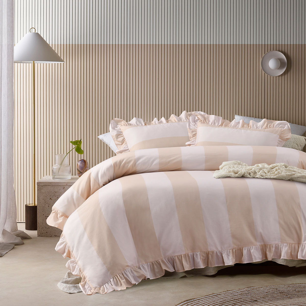 Duvet Covers: Vintage Design Homewares Candy Ruffle Natural Striped Washed Cotton Quilt Cover SetSuper King