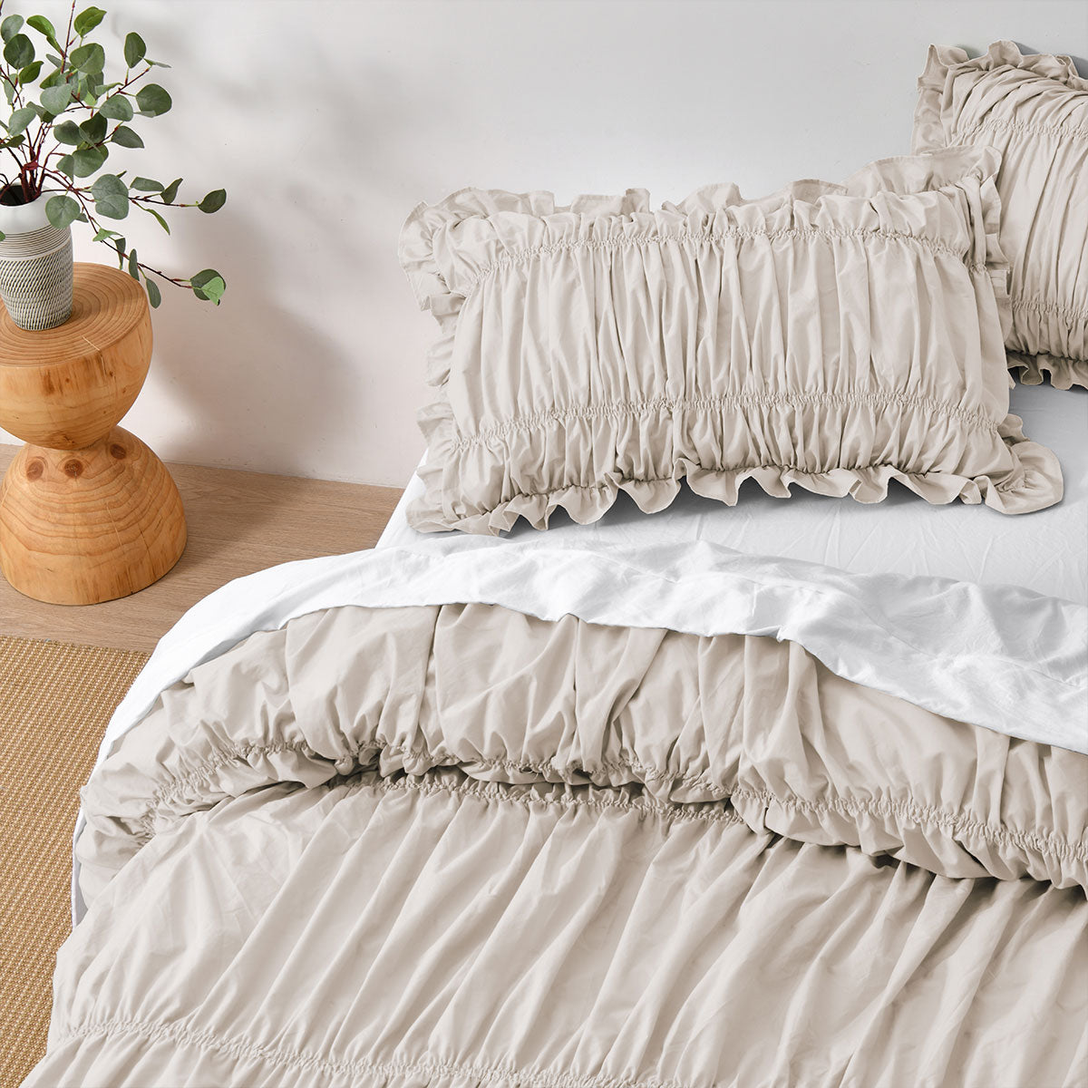 Vintage Design Homewares Haven Natural Washed Cotton Ruched Quilt Cover Set Queen