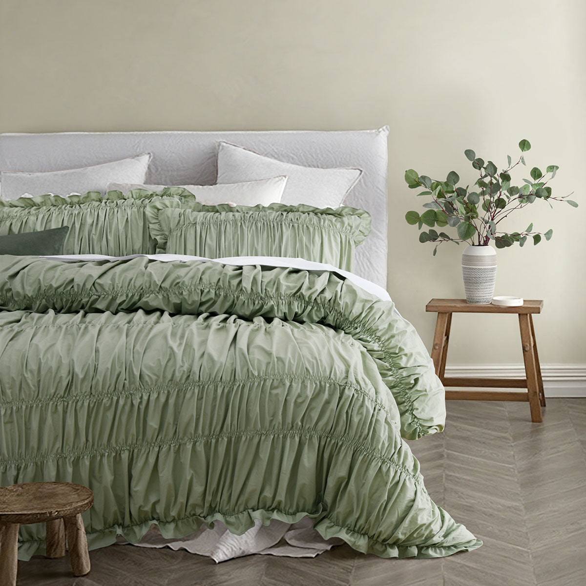 Duvet Covers: Vintage Design Homewares Haven Sage Washed Cotton Ruched Quilt Cover Set Queen