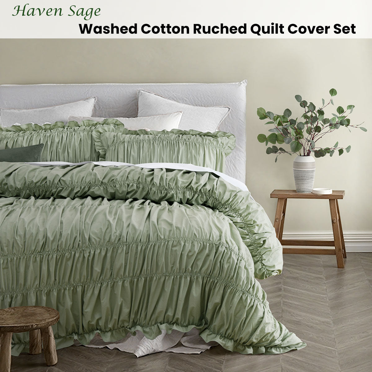 Duvet Covers: Vintage Design Homewares Haven Sage Washed Cotton Ruched Quilt Cover Set Queen