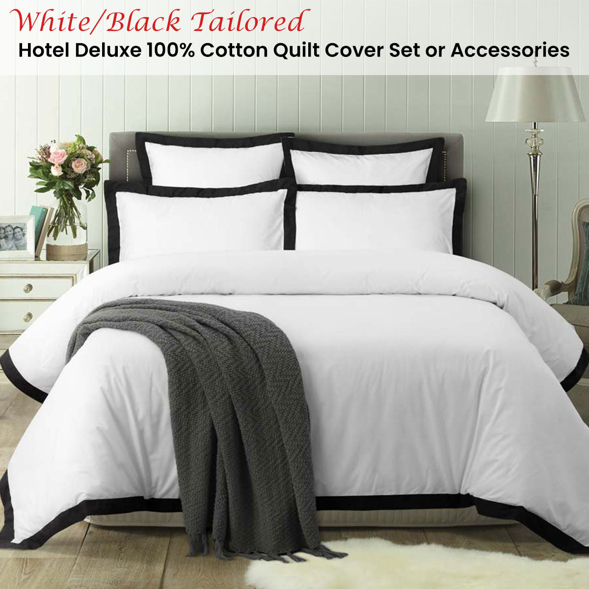 Duvet Covers: Accessorize White/Black Tailored Hotel Deluxe Cotton Quilt Cover Set King