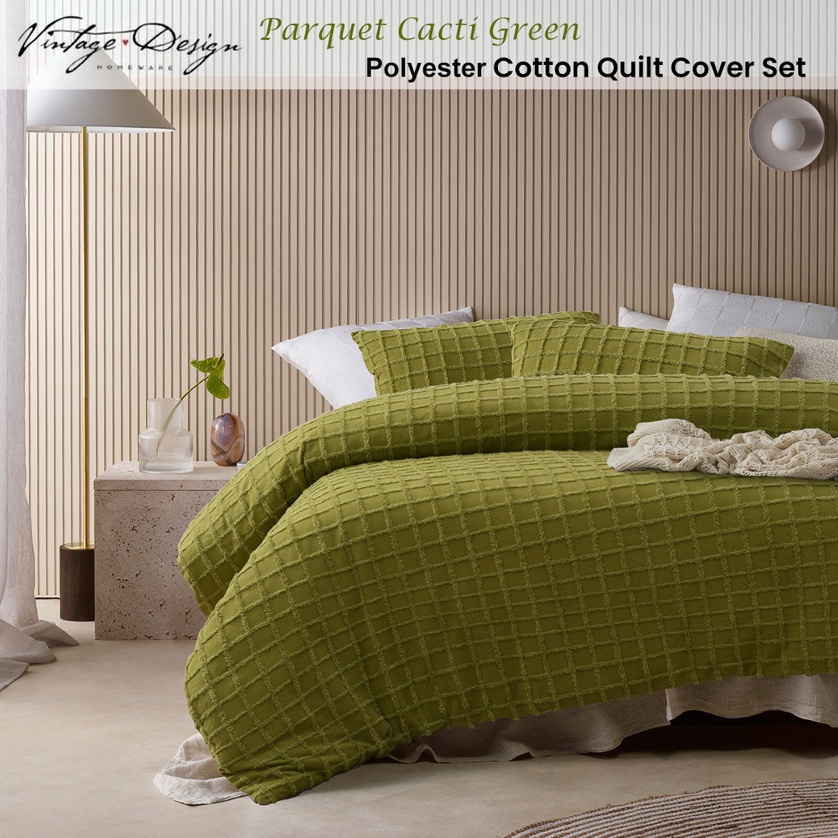 Duvet Covers: Vintage Design Homewares Parquet Cacti Green Polyester Cotton Quilt Cover Set King
