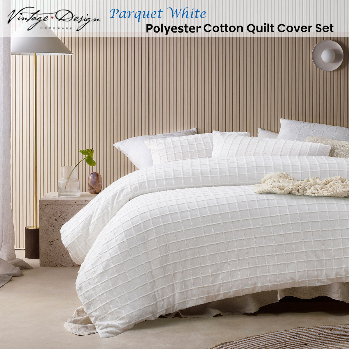 Duvet Covers: Vintage Design Homewares Parquet White Polyester Cotton Quilt Cover Set King