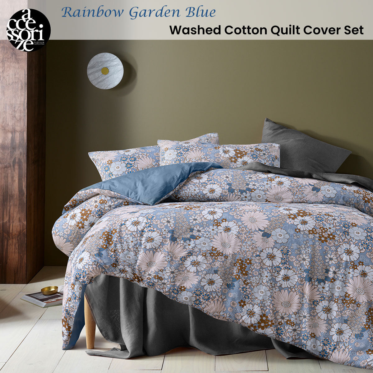 Duvet Covers: Accessorize Rainbow Garden Blue Washed Cotton Quilt Cover Set Double