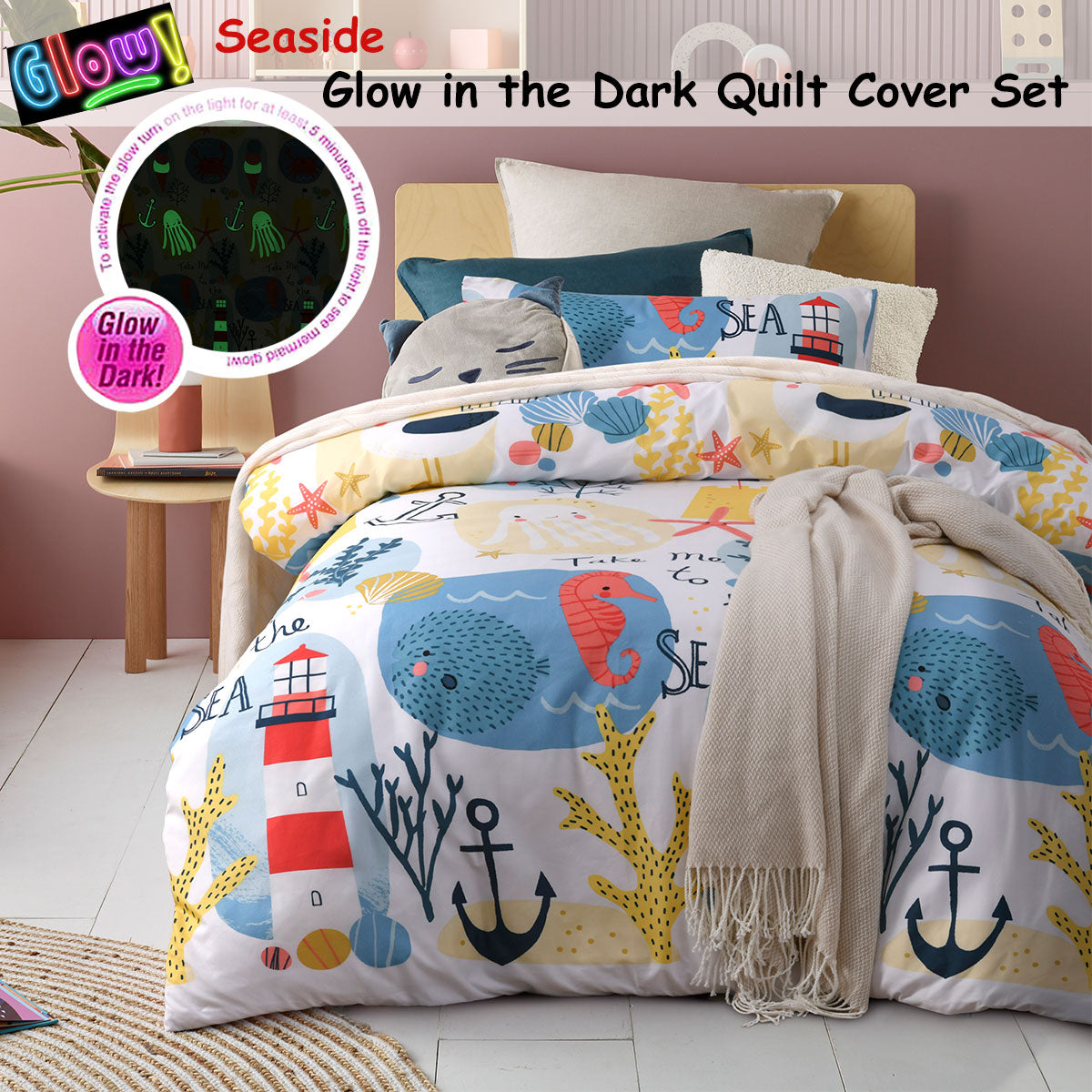 Duvet Covers: Happy Kids Seaside Glow in the Dark Quilt Cover Set Single