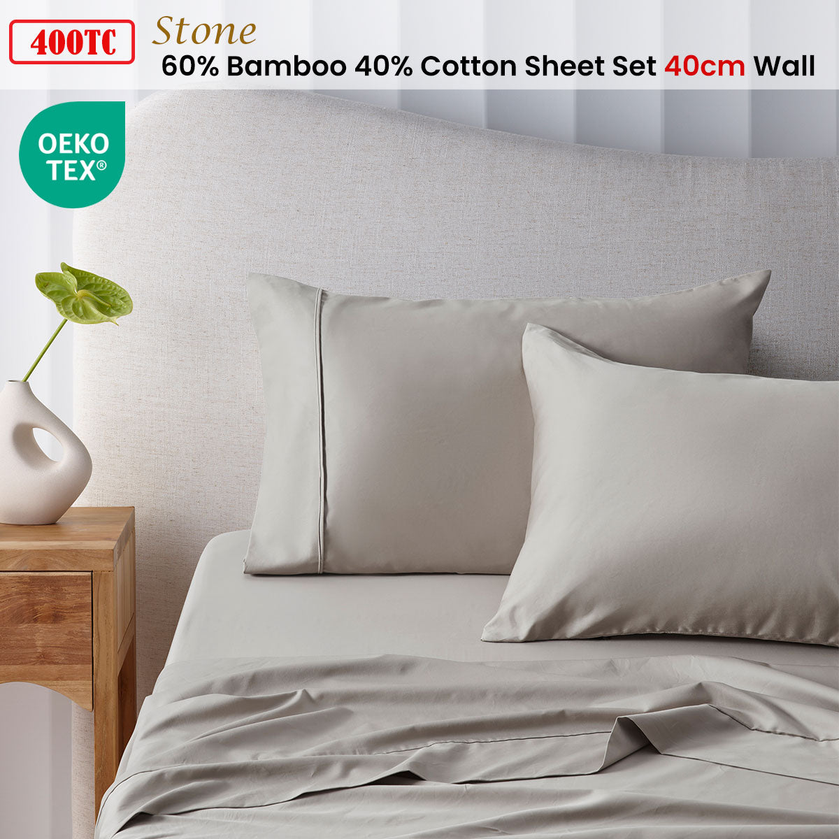 Bed Sheets: Accessorize 400TC Stone Bamboo Cotton Sheet Set 40cm Wall Queen