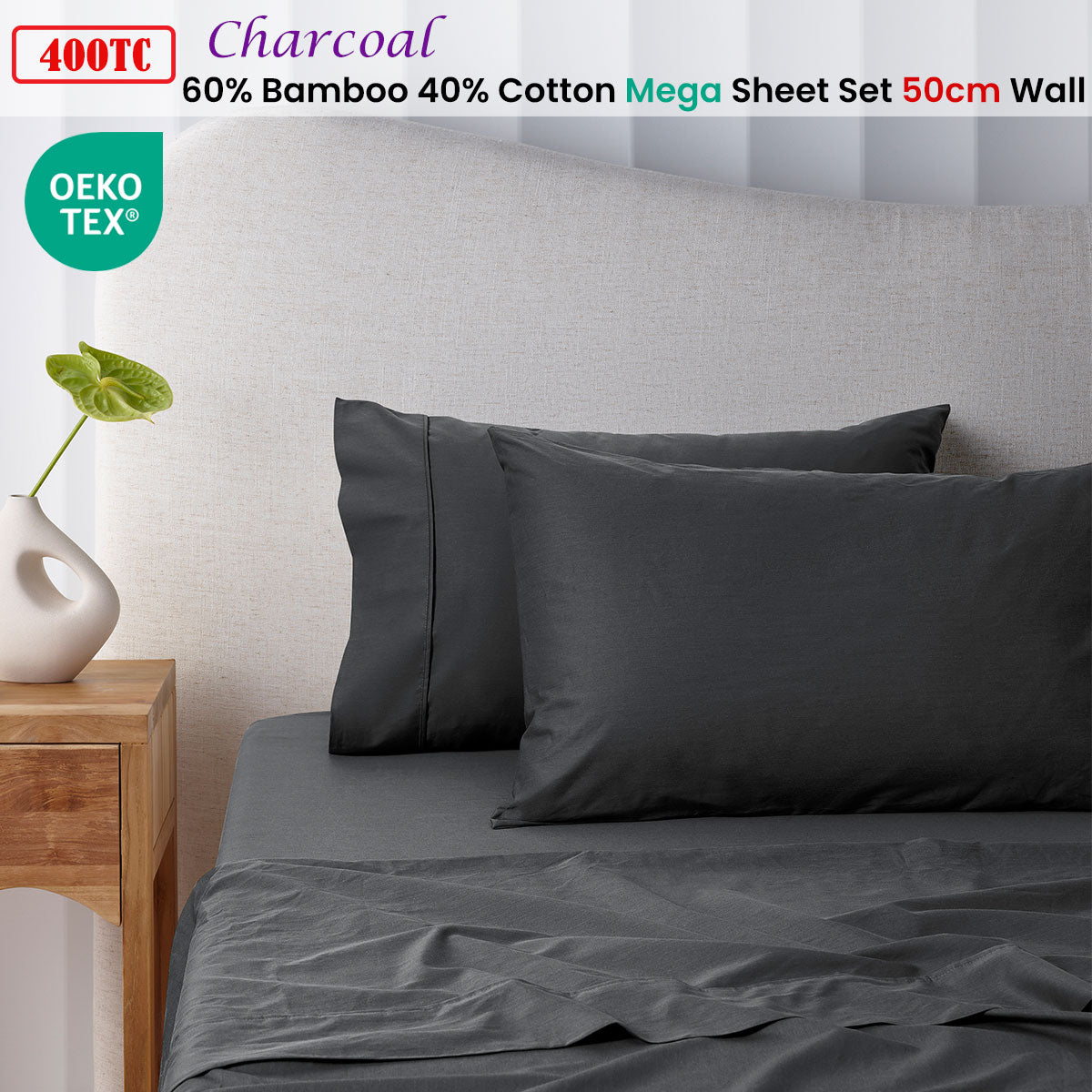 Bed Sheets: Accessorize 400TC Charcoal Bamboo Cotton Mega / Super Sheet Set 50cm Wall Super King