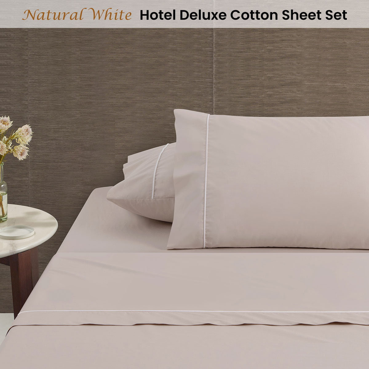 Bed Sheets: Accessorize White/Natural Piped Hotel Deluxe Cotton Sheet Set Queen