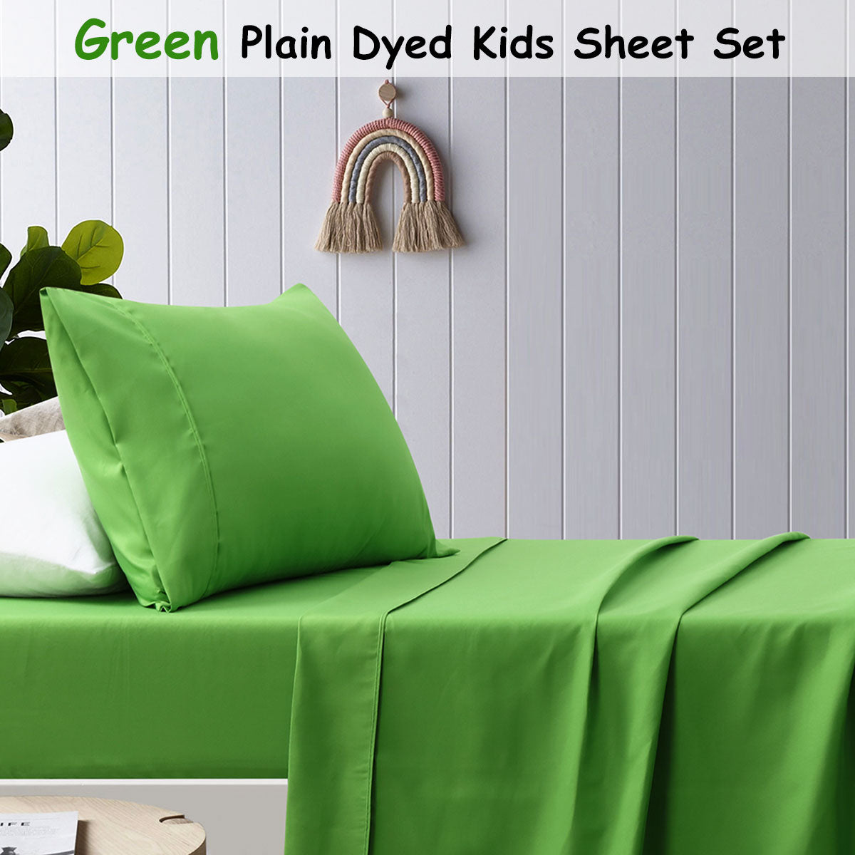 Bed Sheets: Happy Kids Green Plain Dyed Microfibre Sheet Set King Single