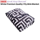 Blankets & Throws: Bloomington 800GSM Greek Key Charcoal Winter Premium Quality 1 Ply Mink Blanket Queen