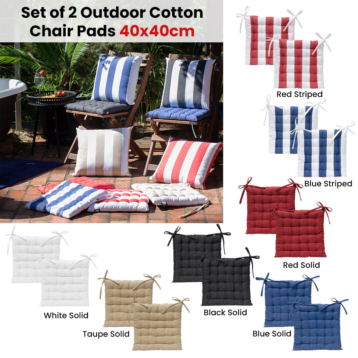 Cushions & Throws: J Elliot Home Set of 2 Outdoor 100% Cotton Chair Pads 40 x 40 cm Striped Red
