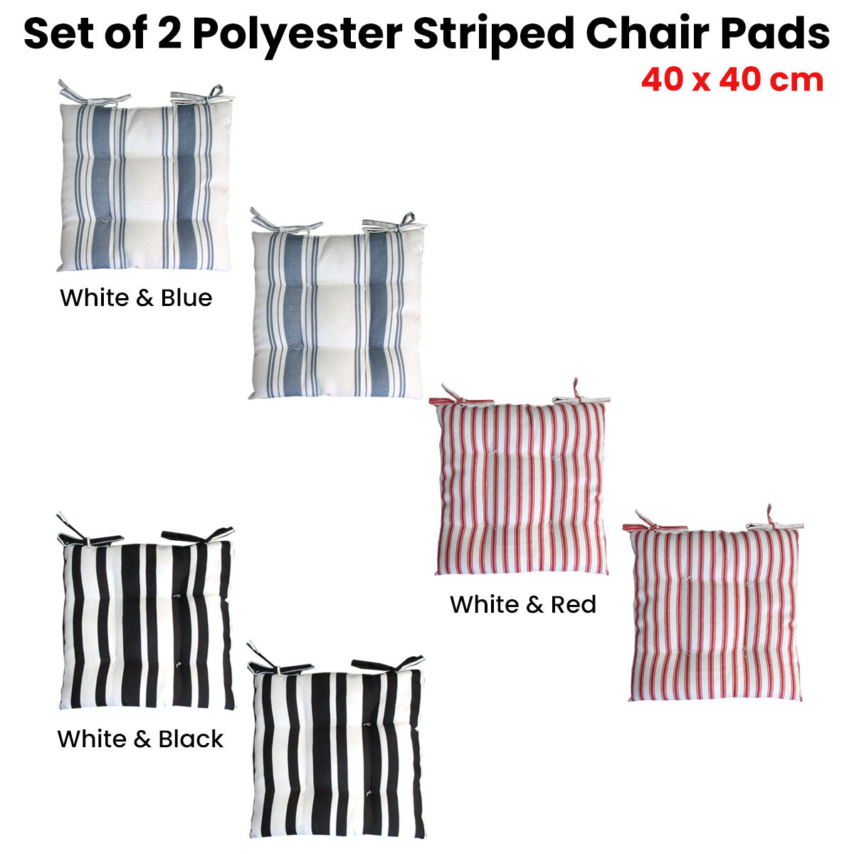 Cushions & Throws: Set of 2 Outdoor Polyester Striped Chair Pads 40 x 40cm White Blue