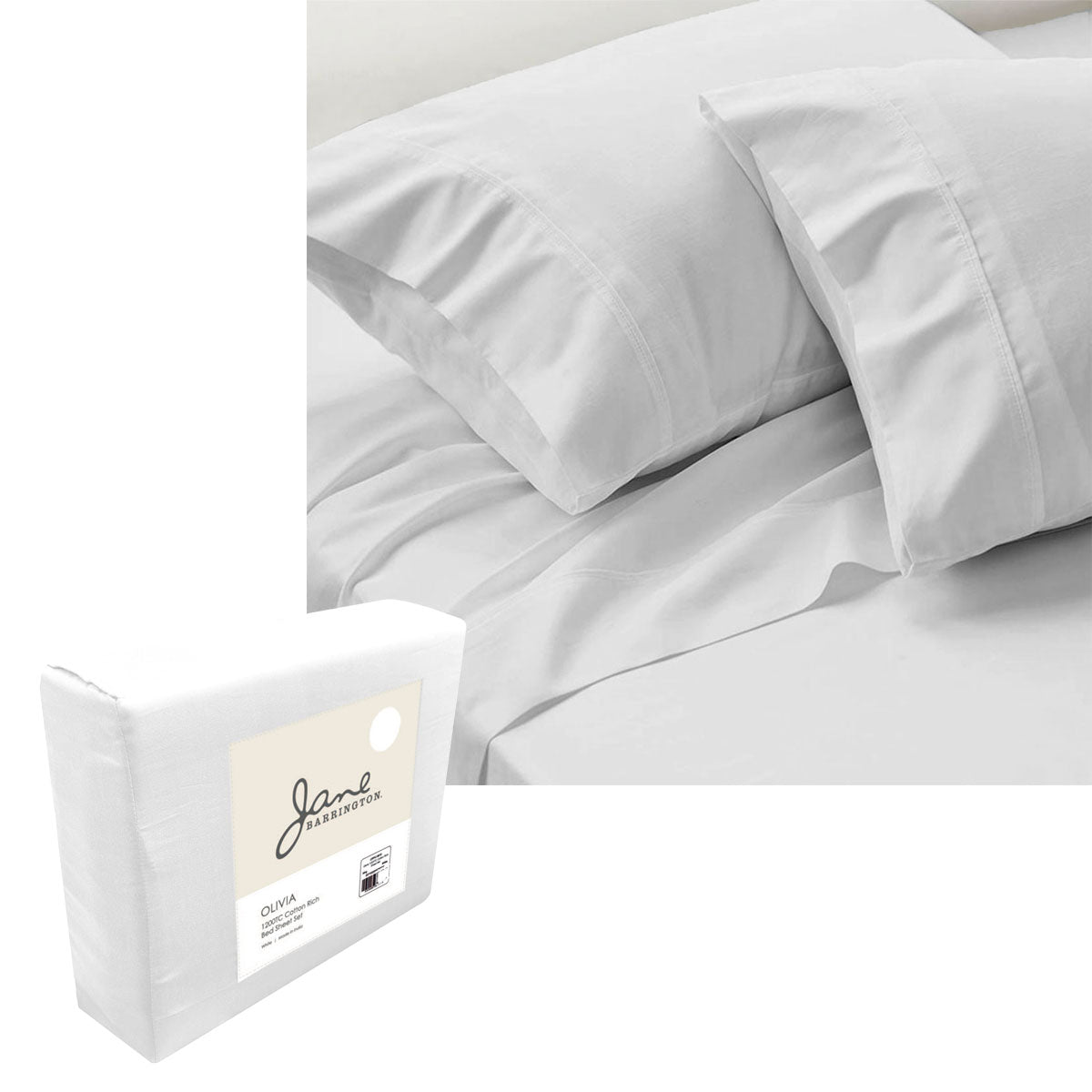 Bed Sheets: Jane Barrington 1200TC Olivia Cotton Rich Sheet Set 40cm Wall White Queen
