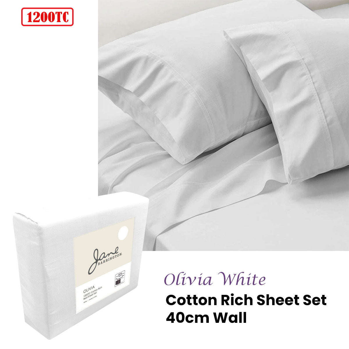 Bed Sheets: Jane Barrington 1200TC Olivia Cotton Rich Sheet Set 40cm Wall White Queen