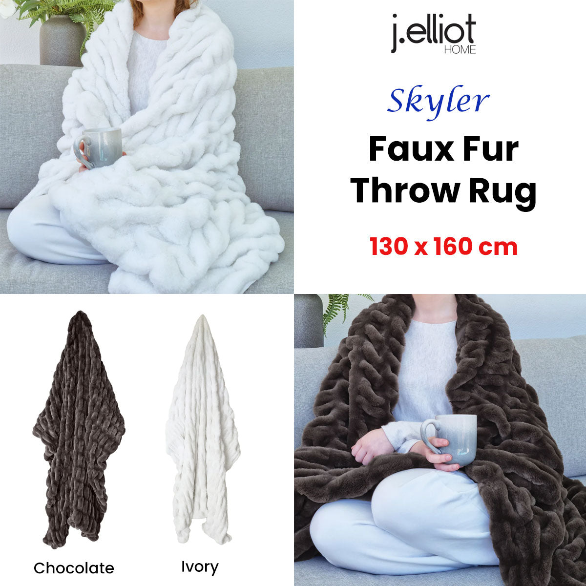 Blankets & Throws: J Elliot Home Skyler Chocolate Faux Fur Throw Rug 130 x 160cm