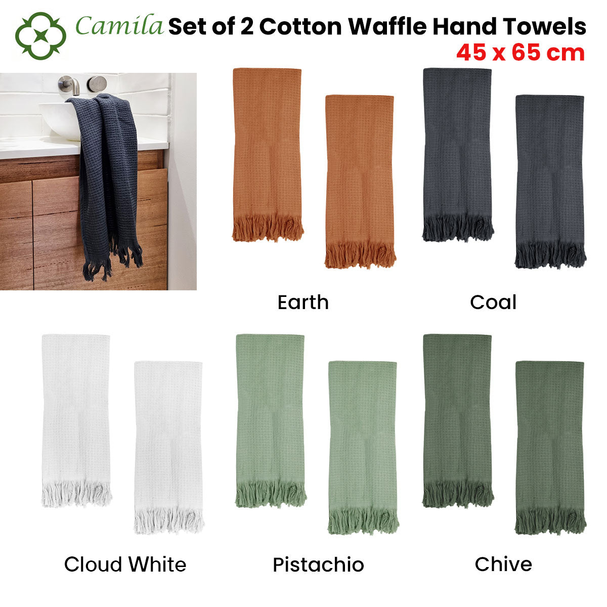 Bath Towels & Robes: J Elliot Home 400GSM Camila Set of 2 Cotton Waffle Hand Towels 45 x 65 cm Earth