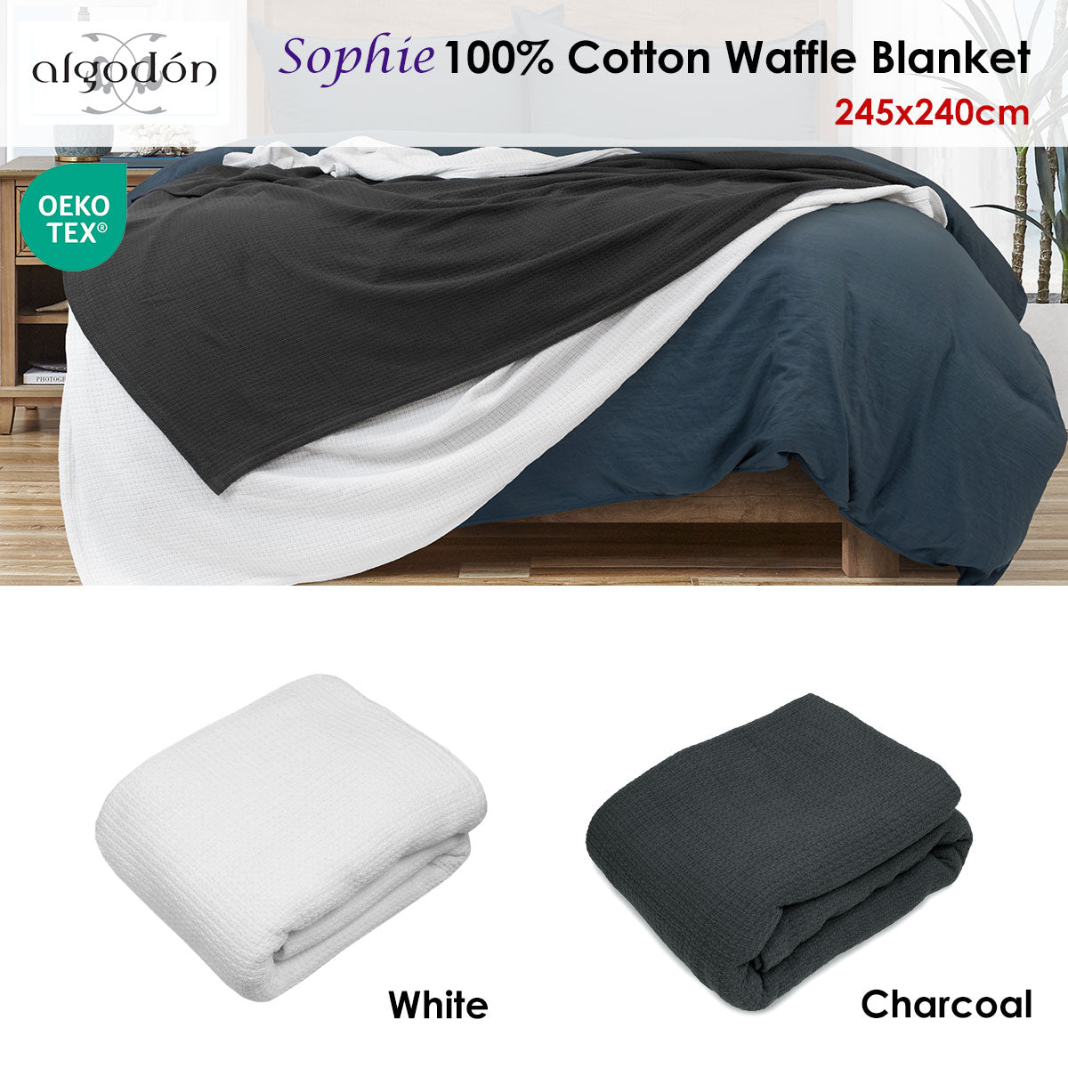 Blankets & Throws: Algodon Sophie Cotton Waffle Blanket Queen 245x240cm White