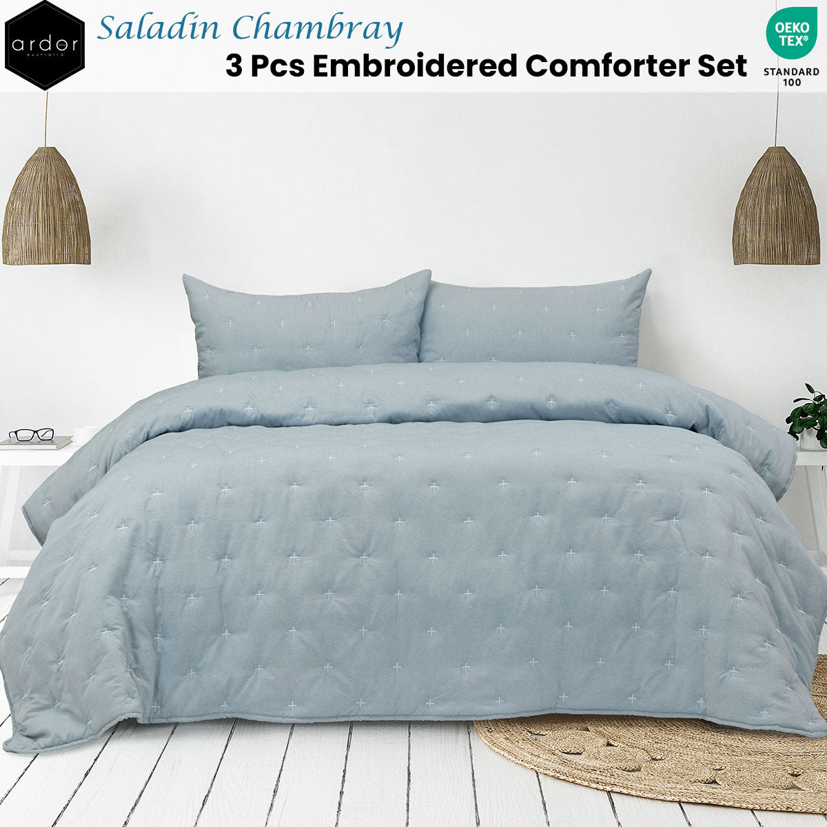 Quilts & Duvets: Ardor Saladin Chambray 3 Pcs Embroidered Comforter Set Queen/King