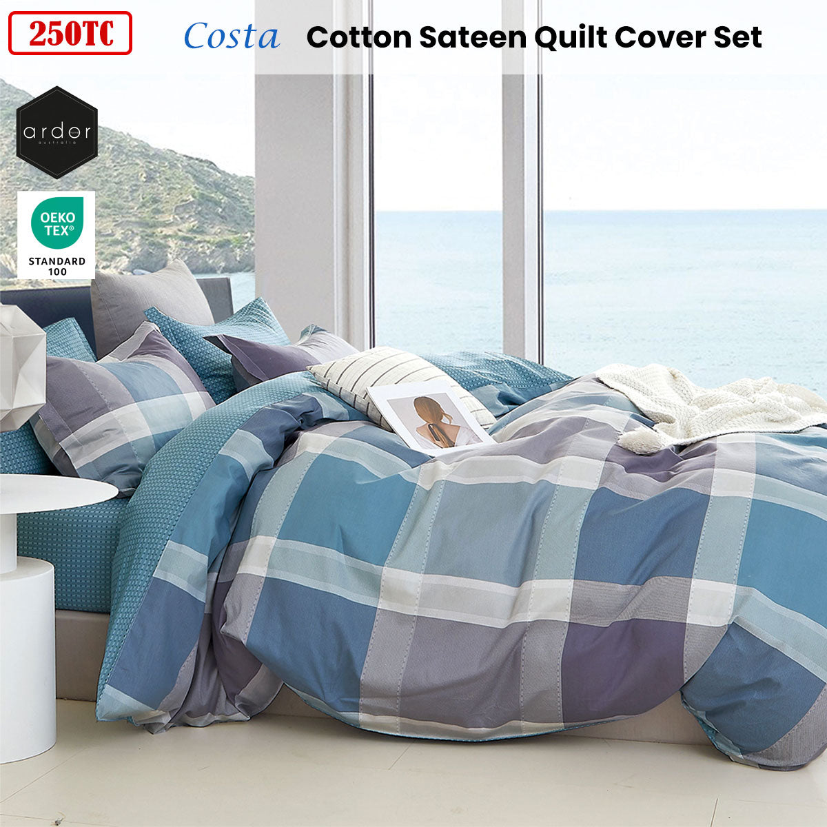 Duvet Covers: Ardor 250TC Costa Check Cotton Sateen Quilt Cover Set King