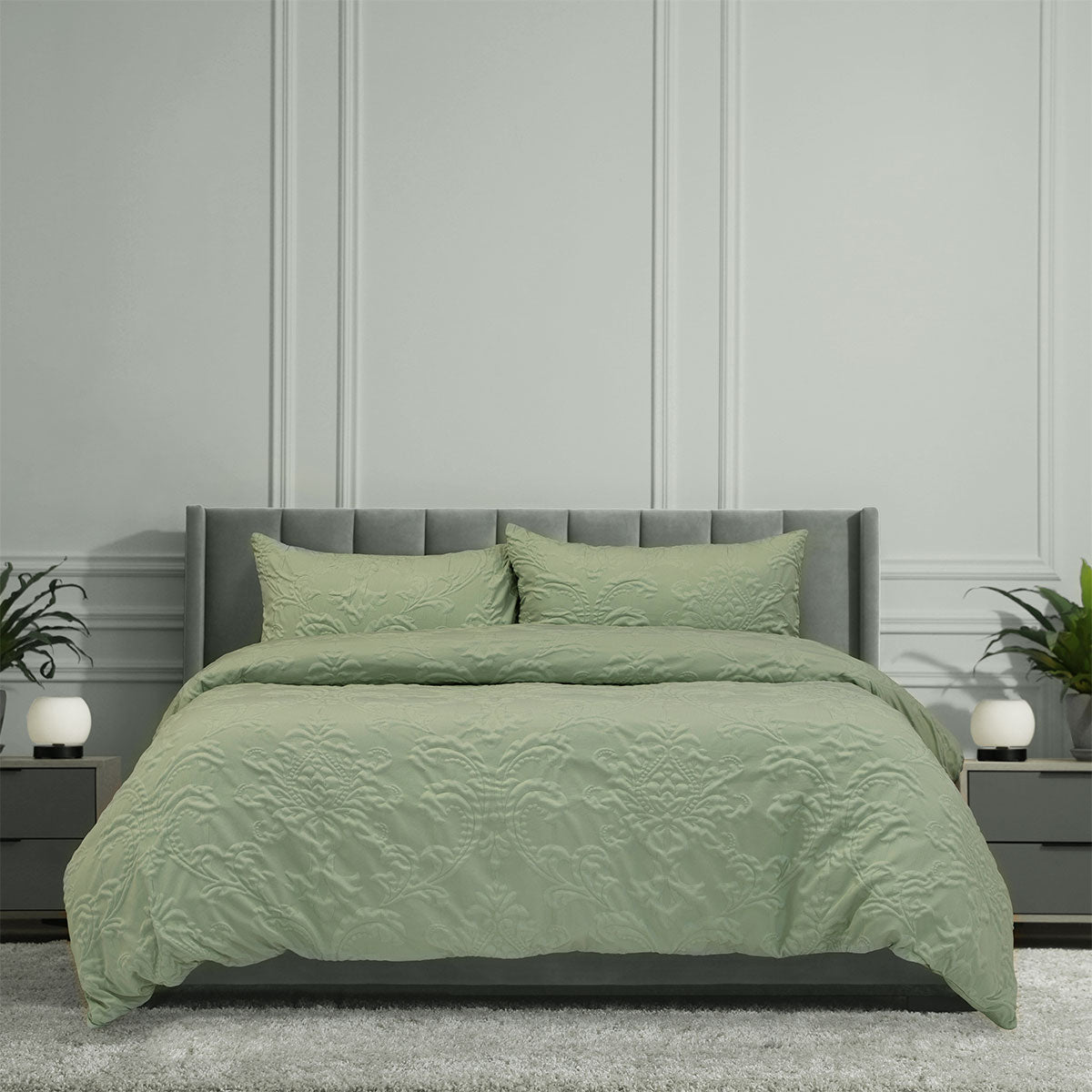 Duvet Covers: Ardor Adeline Sage Jacquard Damask Quilt Cover Set King