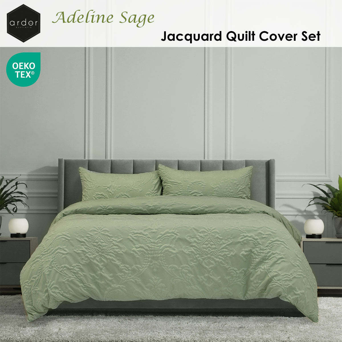Duvet Covers: Ardor Adeline Sage Jacquard Damask Quilt Cover Set King