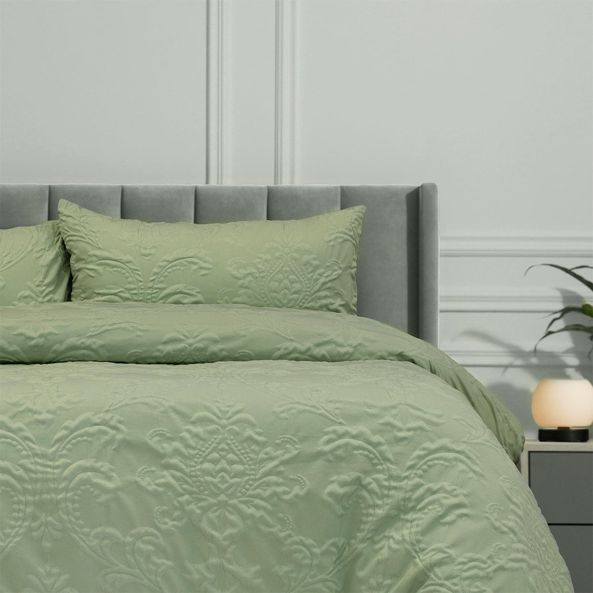 Duvet Covers: Ardor Adeline Sage Jacquard Damask Quilt Cover Set King