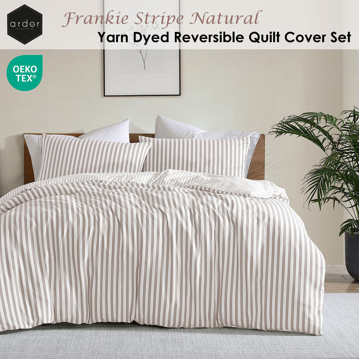 Duvet Covers: Ardor Frankie Natural Stripe Yarn Dyed Reversible Quilt Cover Set Queen