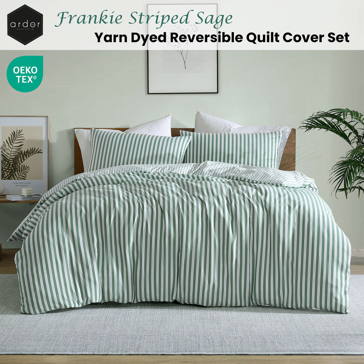 Duvet Covers: Ardor Frankie Sage Stripe Yarn Dyed Reversible Quilt Cover Set King