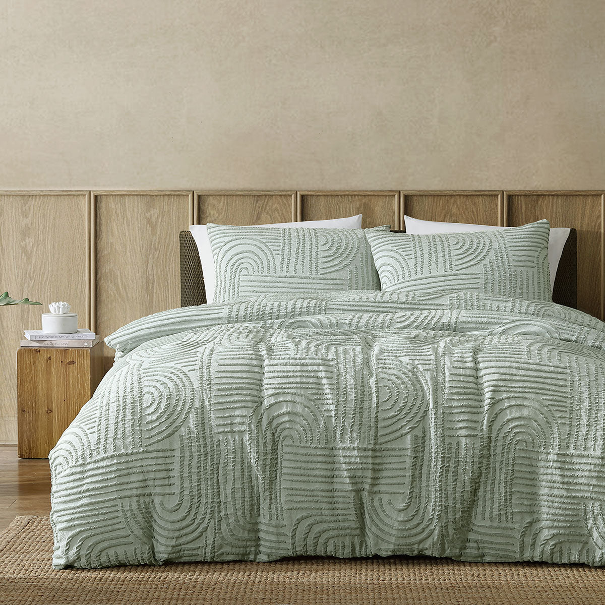 Ardor Kiewa Dusty Sage Textured Jacquard Aztec Quilt Cover Set King