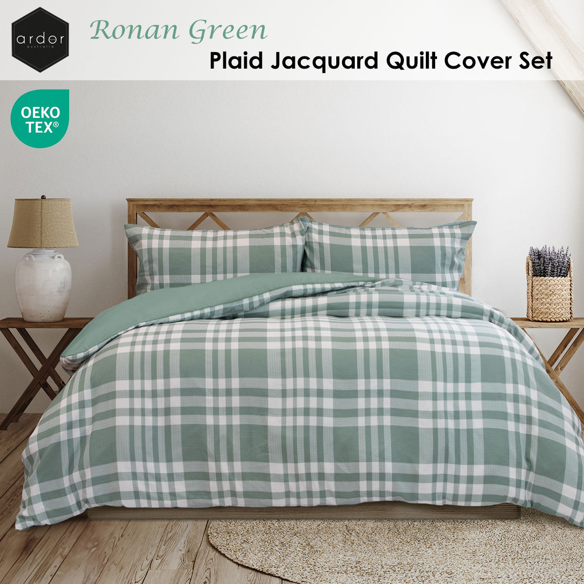 Duvet Covers: Ardor Ronan Green Plaid Jacquard Quilt Cover Set Queen