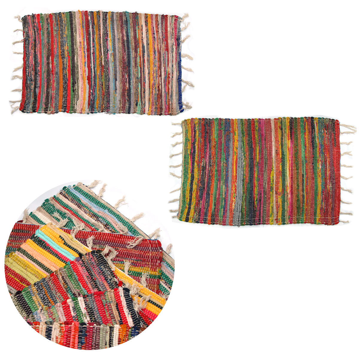Floor Rugs: Set of 2 Random Colour Hand Made Cotton Rich Chindi Floor Rugs 60 x 90 cm