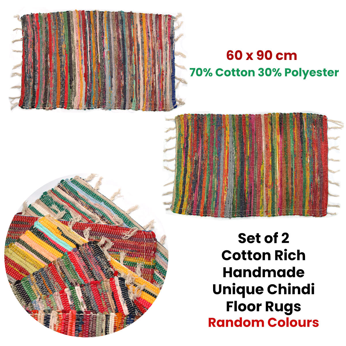 Floor Rugs: Set of 2 Random Colour Hand Made Cotton Rich Chindi Floor Rugs 60 x 90 cm