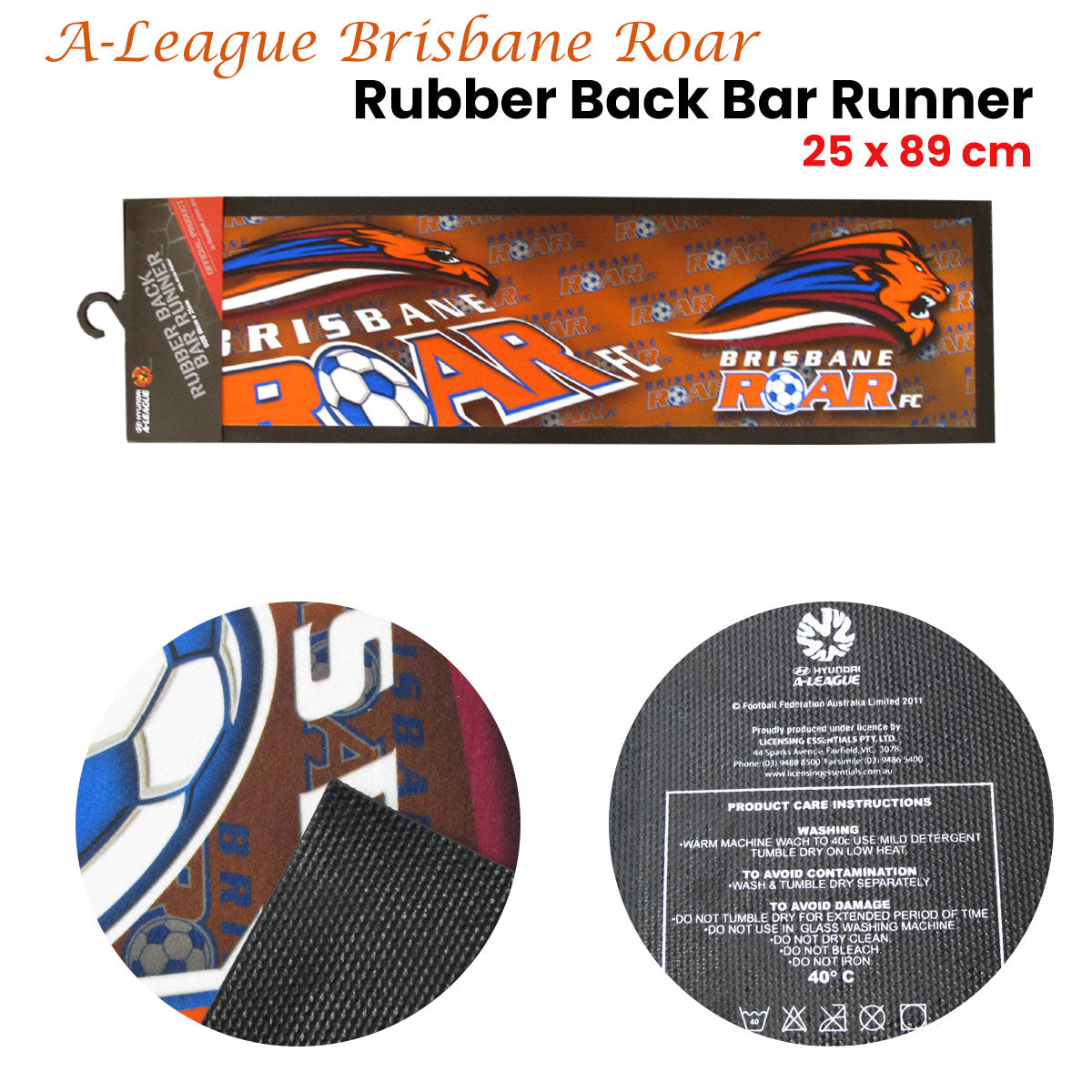 Table Linen & Kitchen Towels: A-League Brisbane Roar Rubber Back Bar Runner 25 x 89 cm