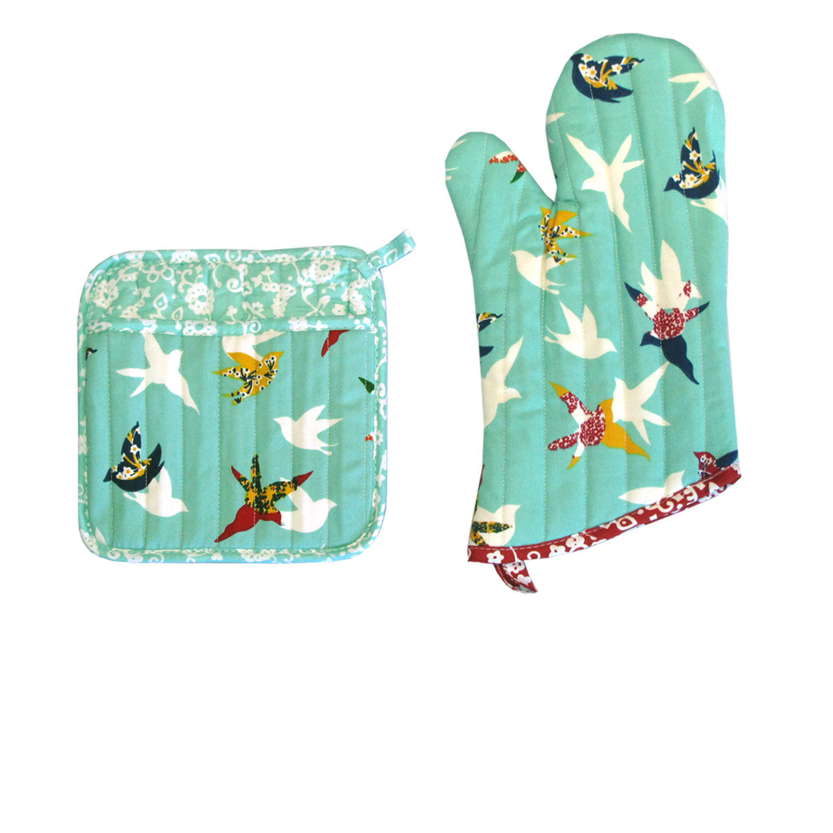 Oven Mitts & Pot Holders: Set of 100% Cotton Printed Oven Mitt + Pot Holder Aqua Birds