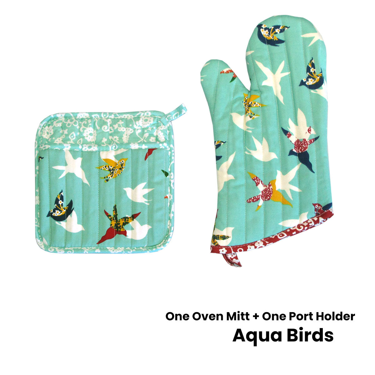 Oven Mitts & Pot Holders: Set of 100% Cotton Printed Oven Mitt + Pot Holder Aqua Birds