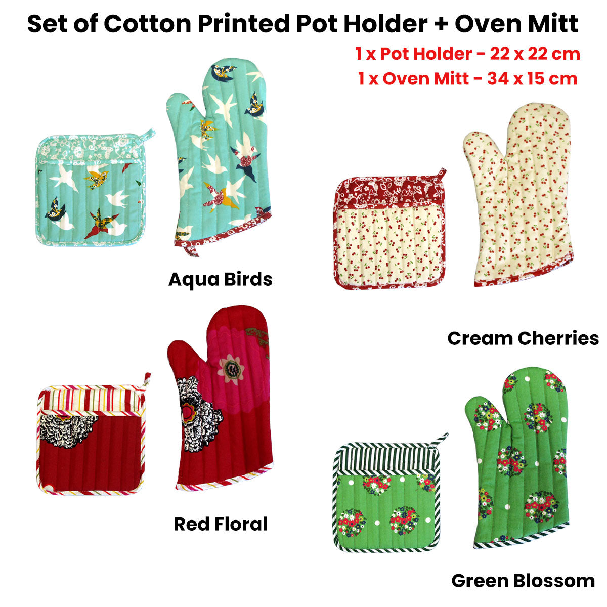 Oven Mitts & Pot Holders: Set of 100% Cotton Printed Oven Mitt + Pot Holder Aqua Birds