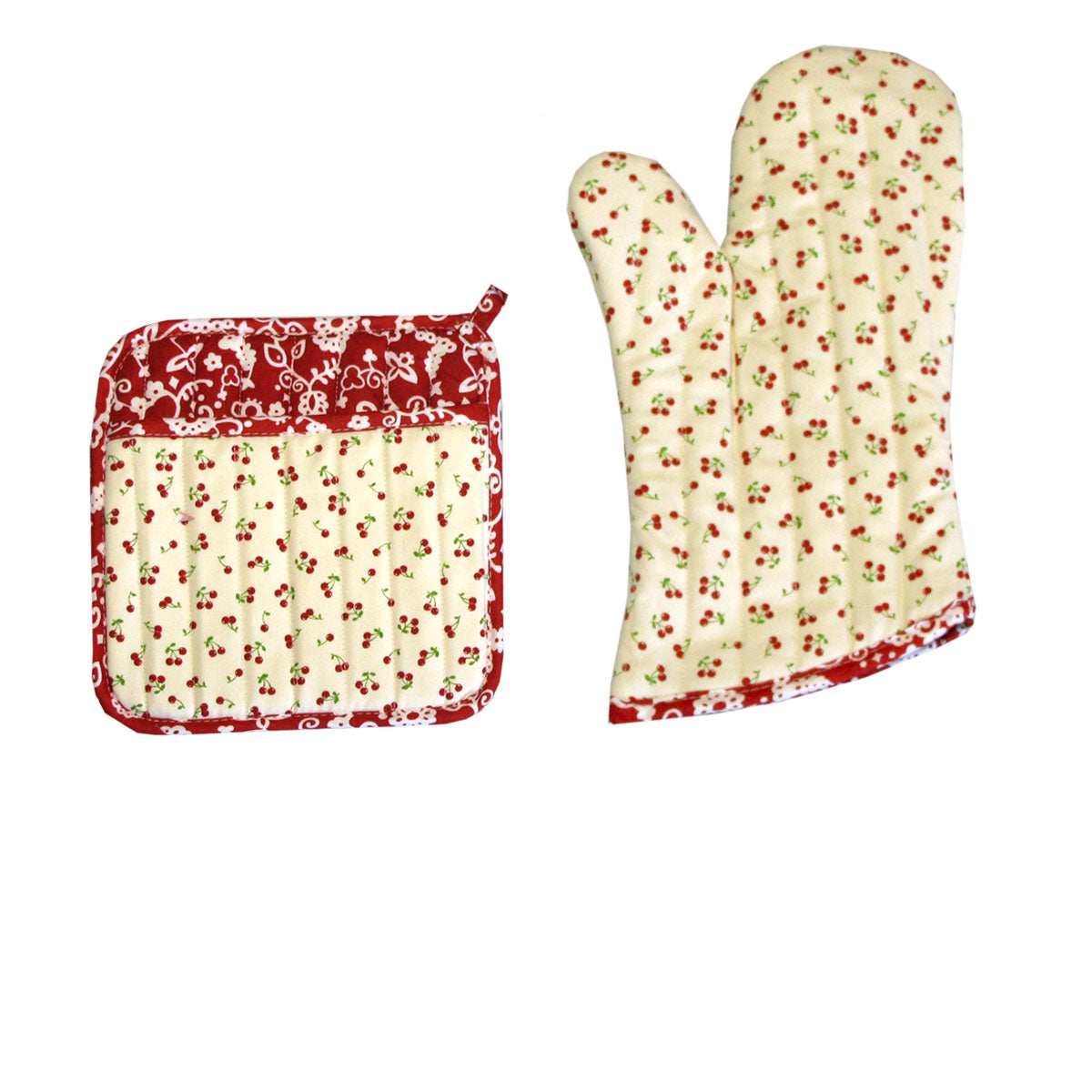 Oven Mitts & Pot Holders: Set of 100% Cotton Printed Oven Mitt + Pot Holder Cream Cherries