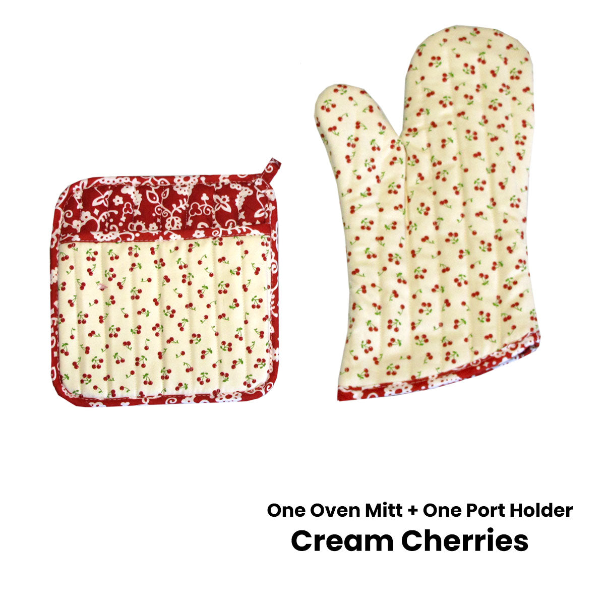 Oven Mitts & Pot Holders: Set of 100% Cotton Printed Oven Mitt + Pot Holder Cream Cherries