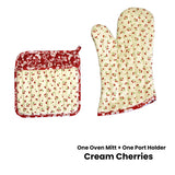 Oven Mitts & Pot Holders: Set of 100% Cotton Printed Oven Mitt + Pot Holder Cream Cherries