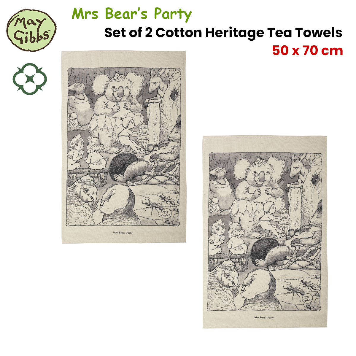 Table Linen & Kitchen Towels: Set of 2 May Gibbs Mrs Bear's Party Cotton Heritage Tea Towels 50 x 70 cm