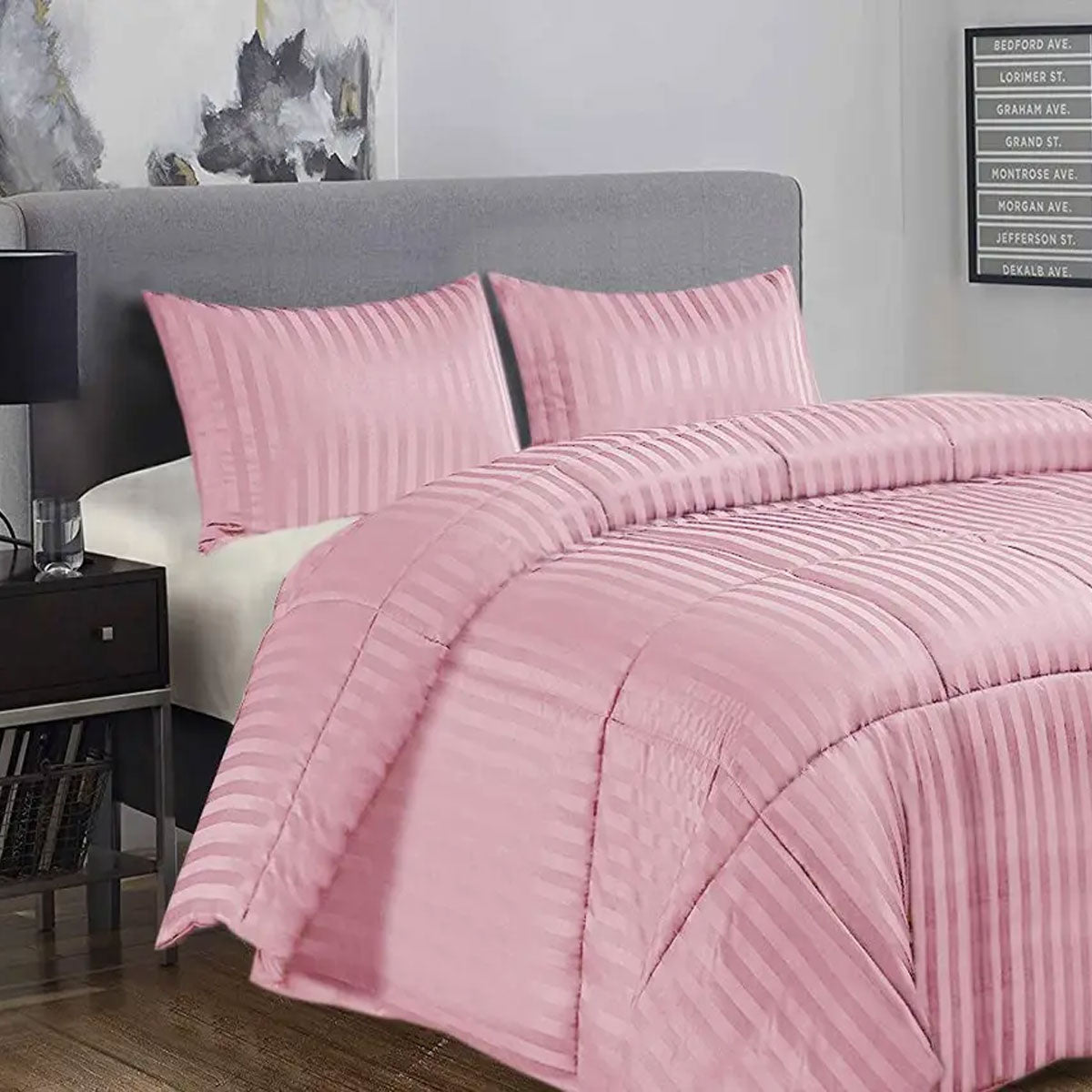 Ramesses 3 Piece DamaskÂ Stripe Comforter Set King Pink
