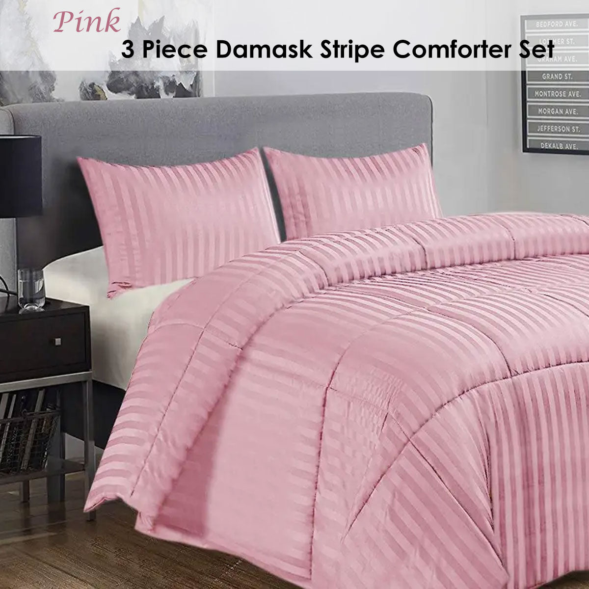 Ramesses 3 Piece DamaskÂ Stripe Comforter Set King Pink
