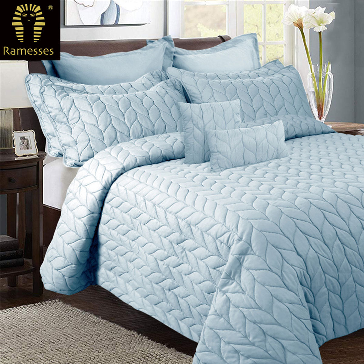 Quilts & Duvets: Ramesses 9 Pieces Ultrasonic Comforter Set Queen Steel Blue