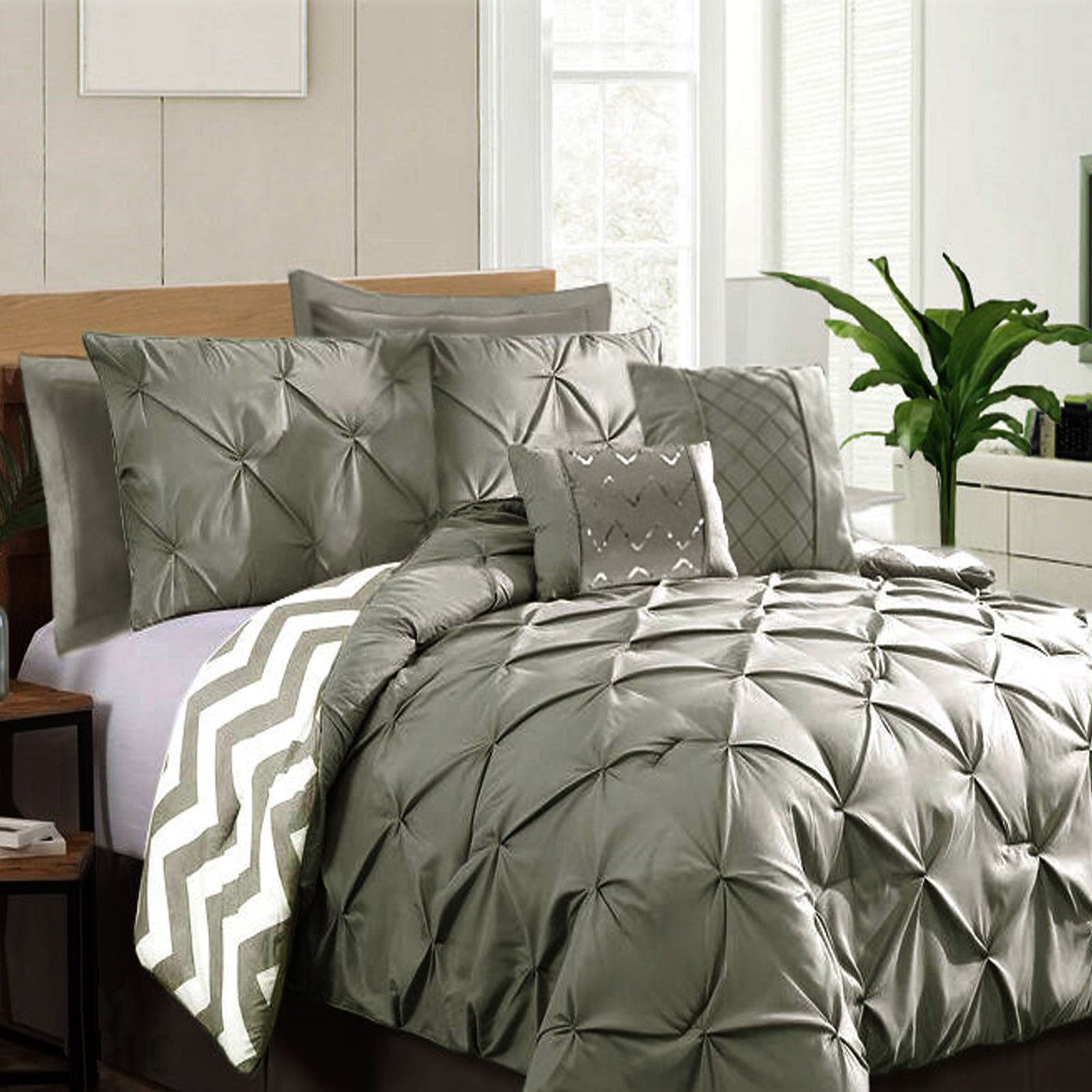 Quilts & Duvets: Ramesses 7 Piece Pinch Pleat Comforter Set Grey King