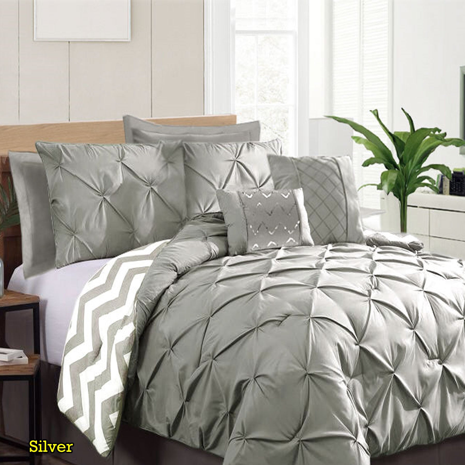 Quilts & Duvets: Ramesses 7 Piece Pinch Pleat Comforter Set Silver King