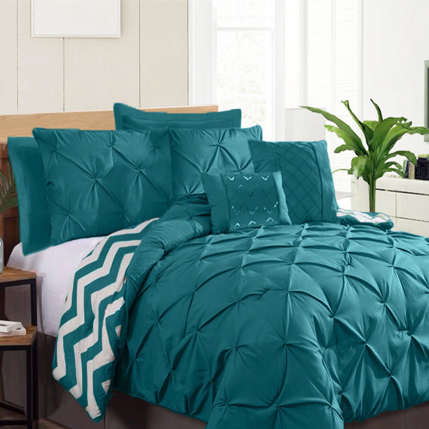 Quilts & Duvets: Ramesses 7 Piece Pinch Pleat Comforter Set Teal Queen