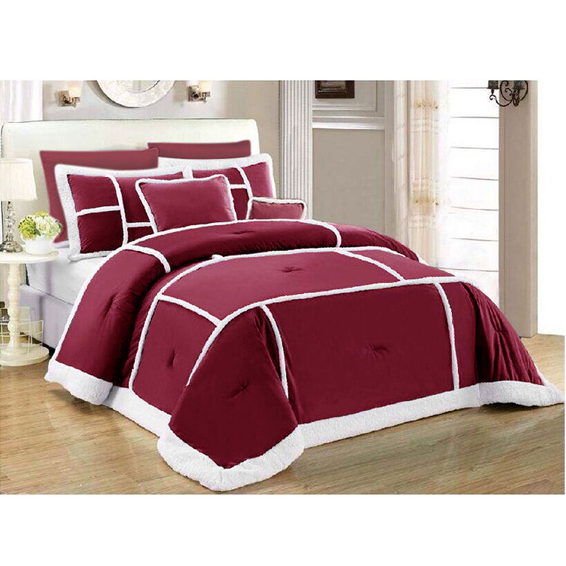 Quilts & Duvets: Ramesses 7 Piece Soho Sherpa Comforter Set Burgundy Queen