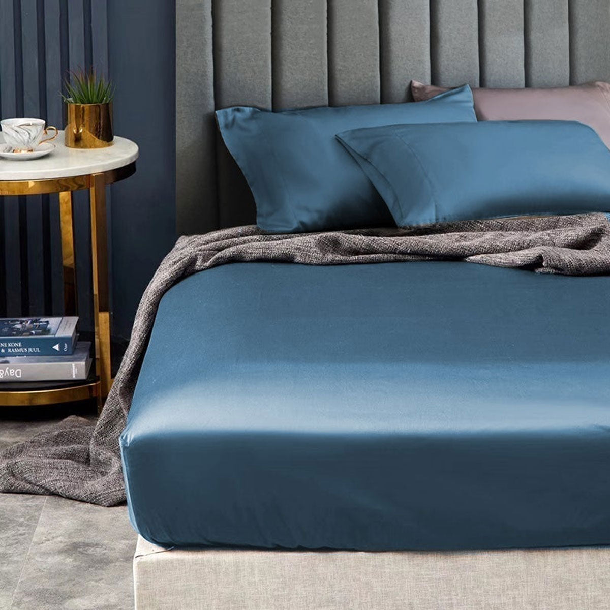 Bed Sheets: Ramesses 1500TC Elite Egyptian Cotton Sateen Fitted Sheet Combo Set Classic Blue Single