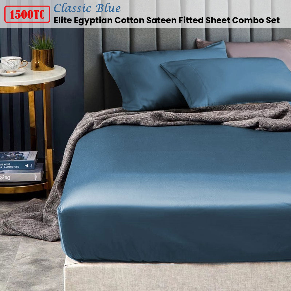 Bed Sheets: Ramesses 1500TC Elite Egyptian Cotton Sateen Fitted Sheet Combo Set Classic Blue Single